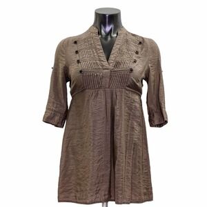 MINE Brown Military V-neck Tie-Back Tunic Blouse